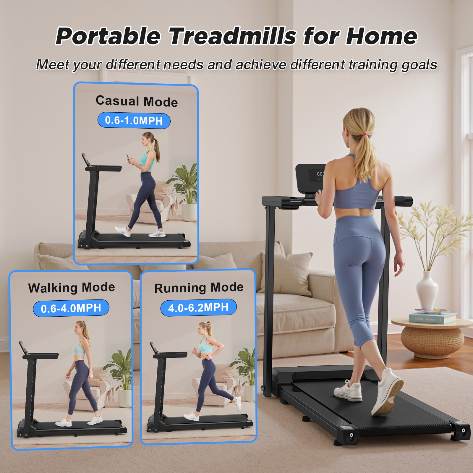 Folding Treadmill With Handles (Small Home Model) - 300lb Weight Capacity & 2.5HP Quiet Motor_voghion.com